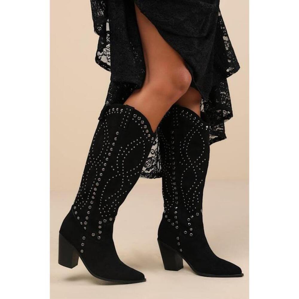 Lulus Mallerie Black Suede Studded Knee-high Western Boots - Size 5.5